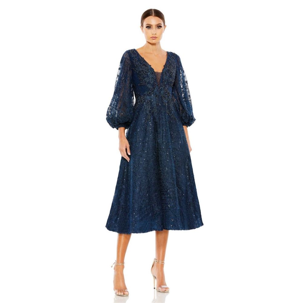 MAC DUGGAL EMBELLISHED PLUNGE NECK BISHOP SLEEVE DRESS US 6 $698